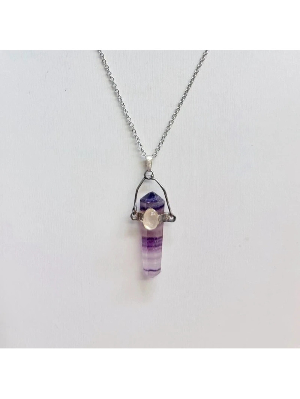 Natural Rainbow Fluorite Crystal Point Pendant Necklace Silver Chain Moonstone